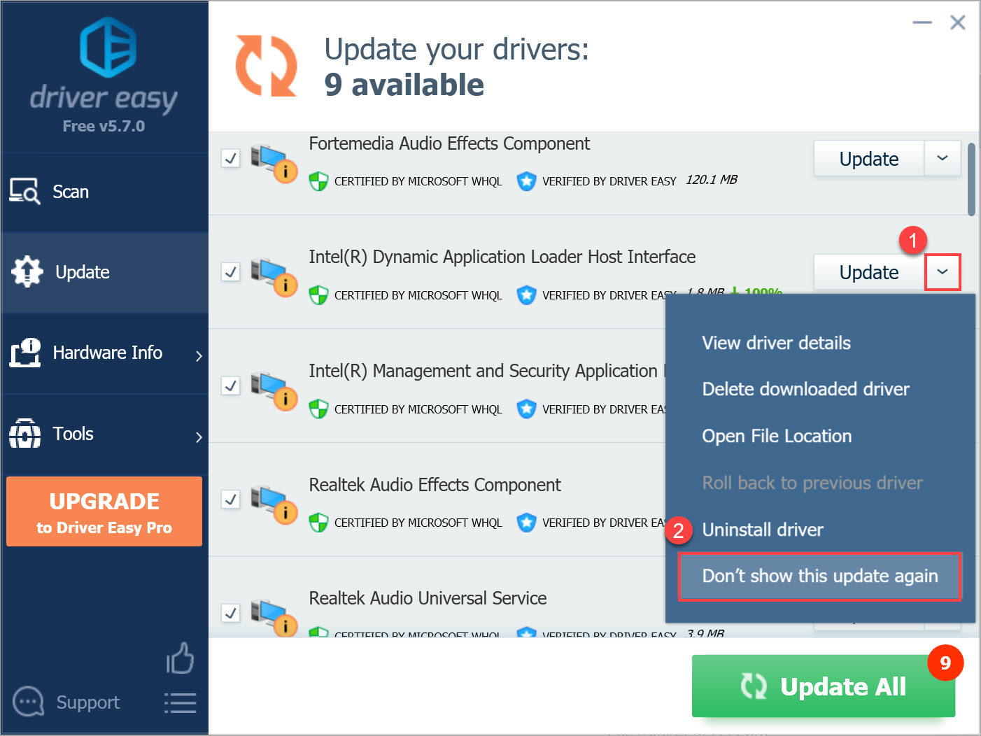 Driver Easy Free hide driver update