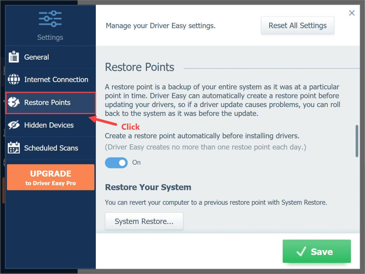 Driver Easy Free Settings Restore Points