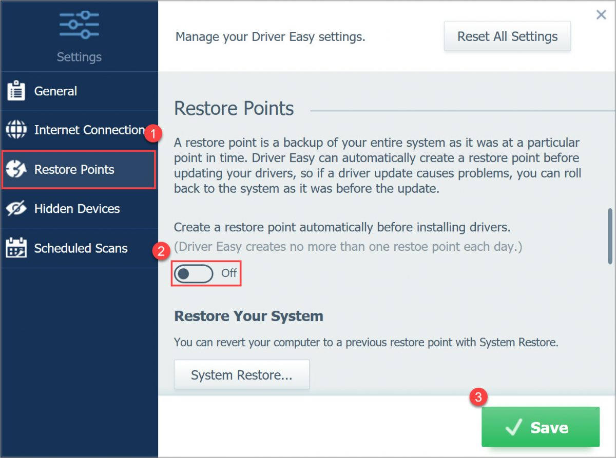 Driver Easy Pro turn off restore points